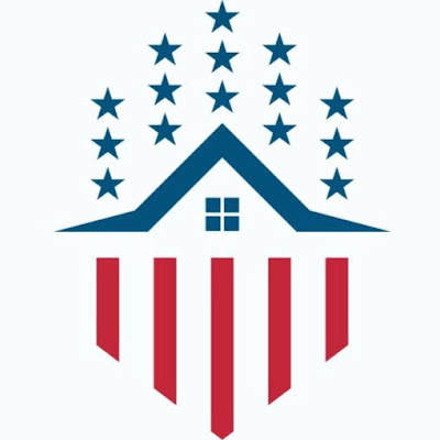 Martinez Roofing and Gutter Services crest: a gable roof beneath an arc of stars, over red banner stripes